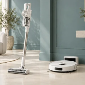 Cordless vacuum and robot vacuum — illustrative product-line image