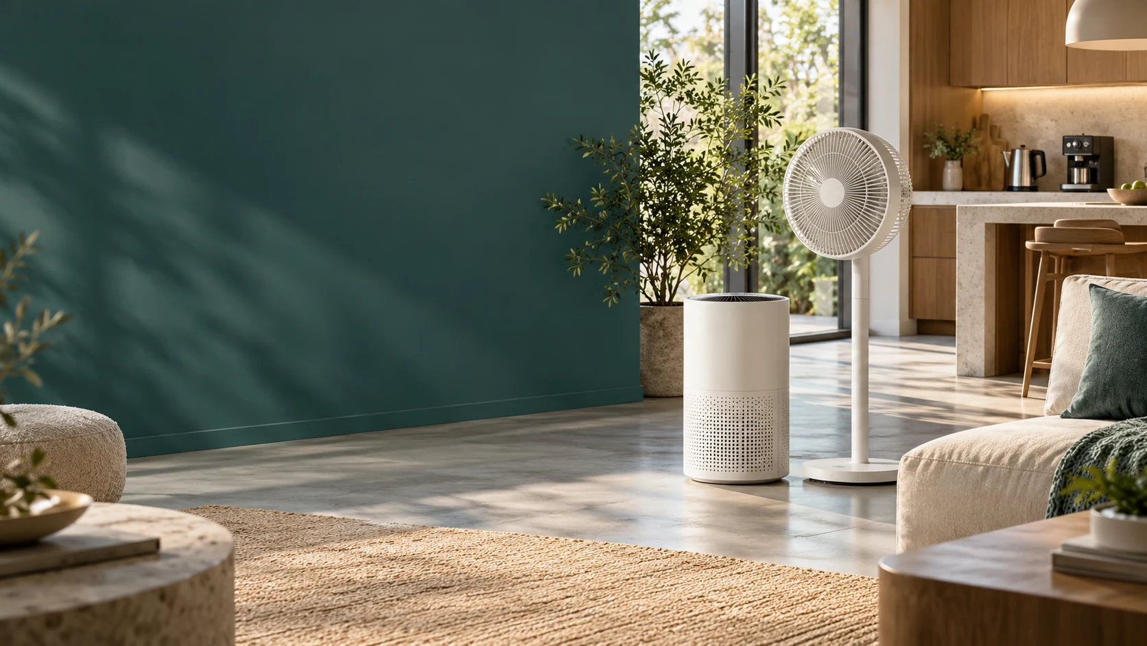 Contemporary home with an air purifier and circulation fan — illustrative lifestyle image