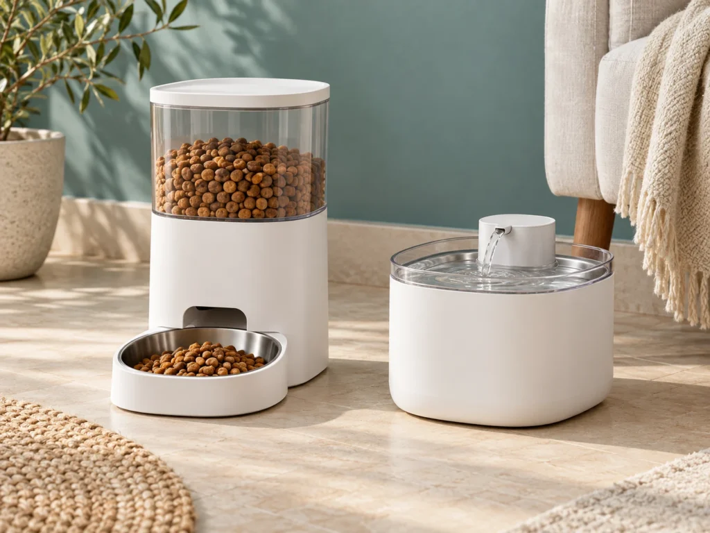 Automatic pet feeder and water fountain — illustrative product-line image